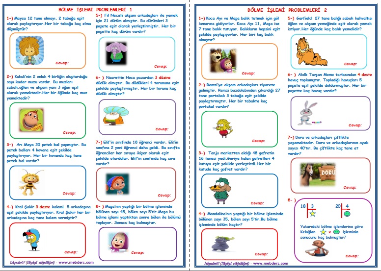 2. Sınıf Matematik Bölme İşlemi Problemleri 1-2 (2 Sayfa)