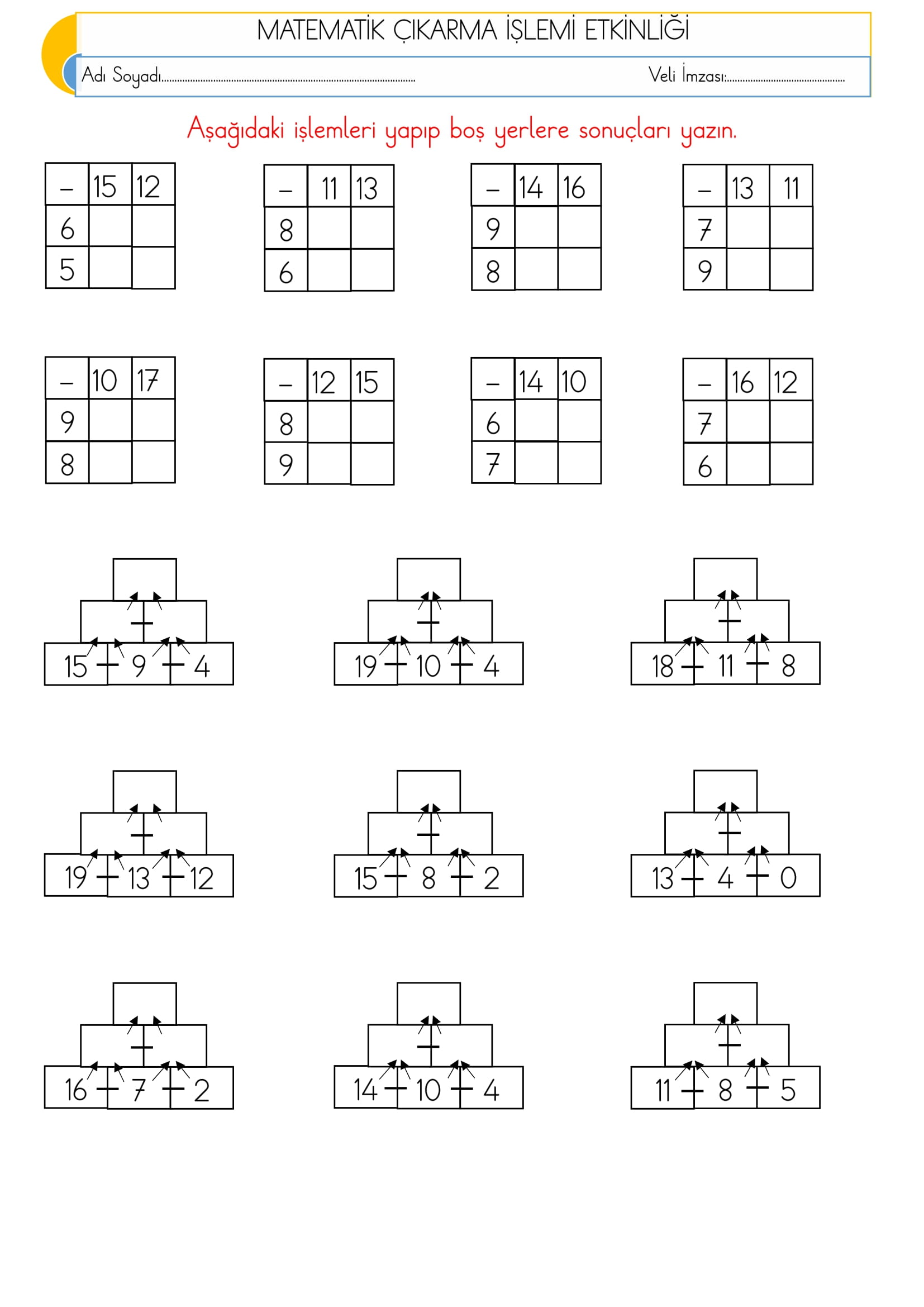 1. Sınıf Matematik Çıkarma İşlemi Etkinliği-5
