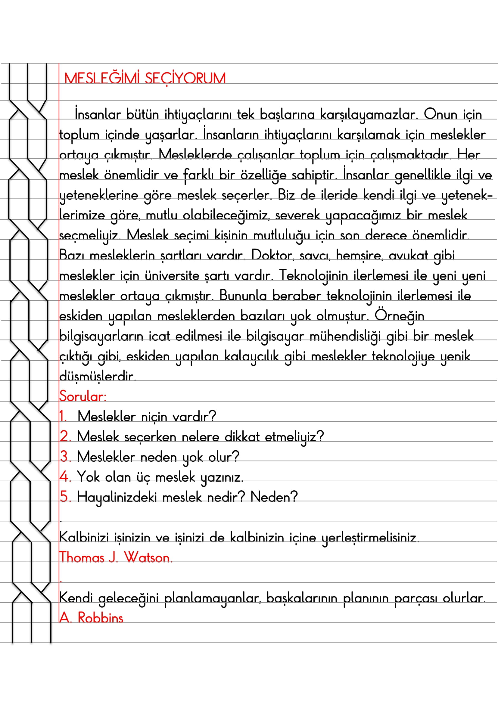 3. Sınıf - Hayat Bilgisi Mesleğimi Seçiyorum Defter Özeti