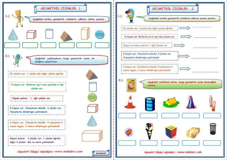1. Sınıf Matematik Geometrik Cisimler 1-2 (2 Sayfa)