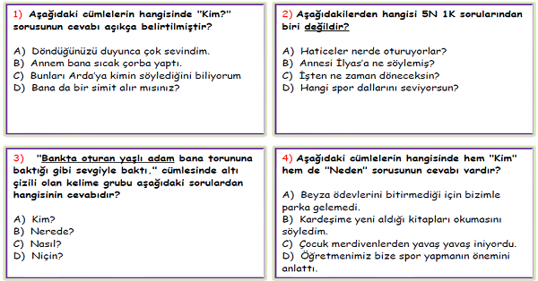 4. Sınıf Türkçe 5N-1K Test 3