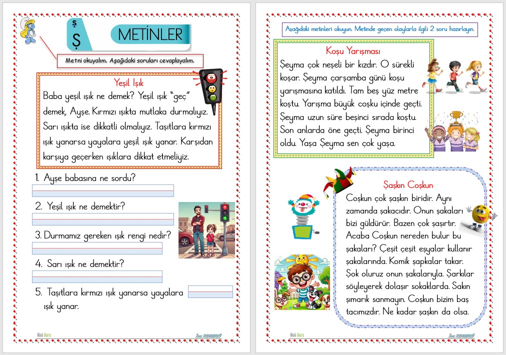 1. Sınıf İlk Okuma Yazma Ş Sesi METİNLER
