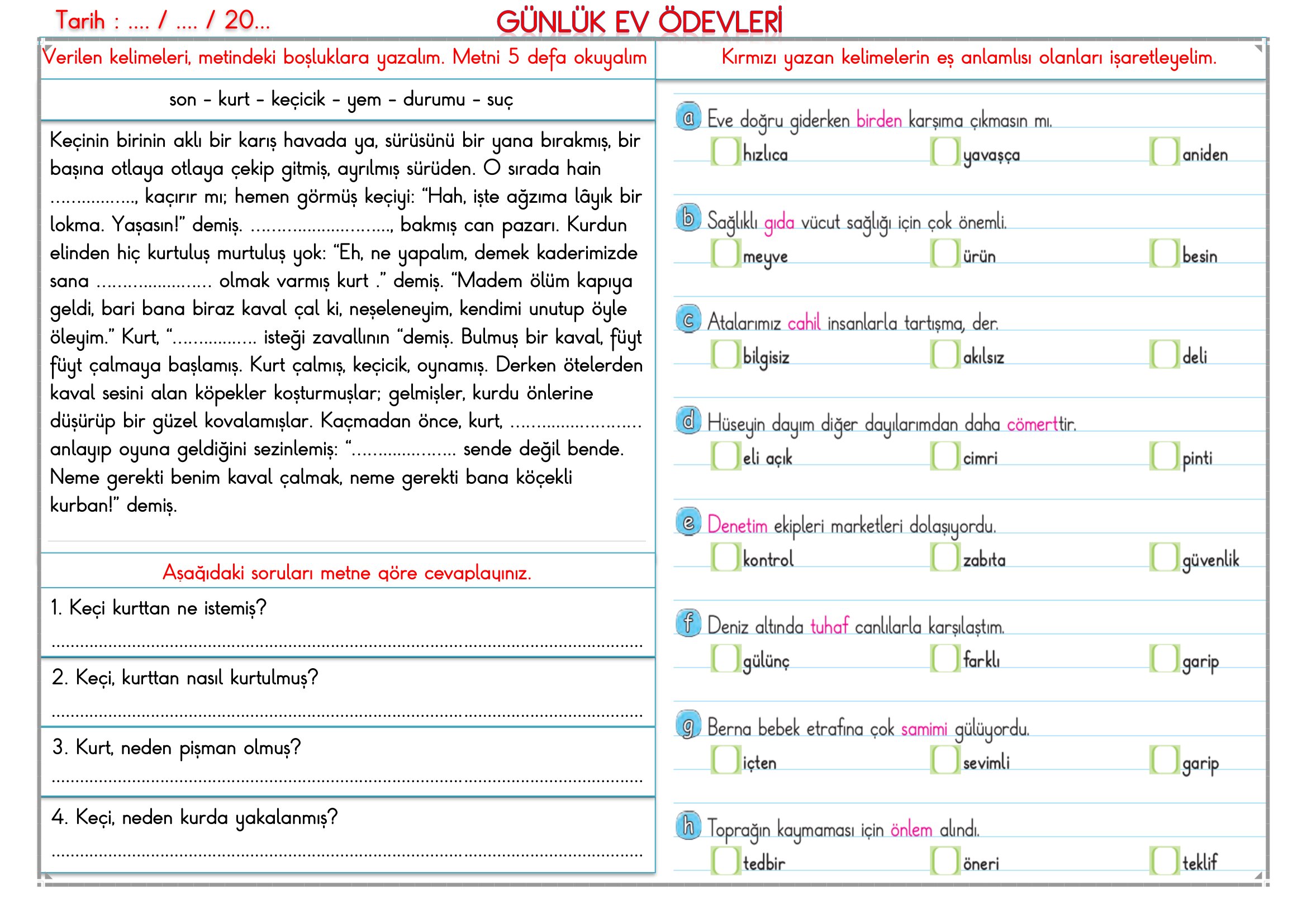 2. Sınıf - 19 Haziran 2026 Günlük Ev Ödevleri