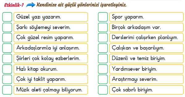 3. Sınıf Hayat Bilgisi Güçlü Yönlerimiz, İlgi Alanlarımız