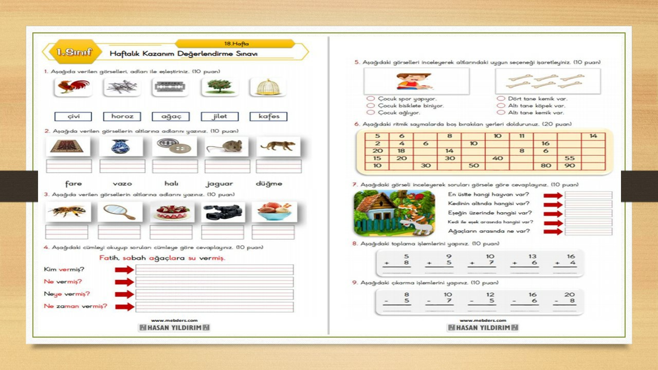 1. Sınıf Haftalık Değerlendirme Testi-18.Hafta(15-19 Şubat)