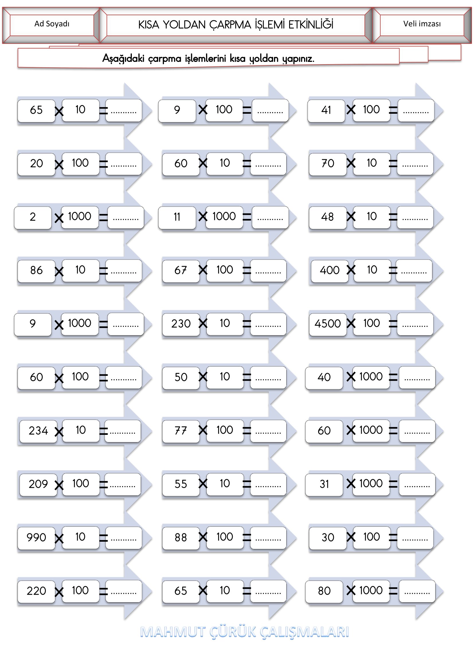 4. Sınıf - Matematik Kısa Yoldan Çarpma İşlemi Etkinliği