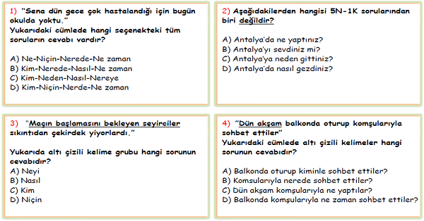 4. Sınıf Türkçe 5N-1K Test 1
