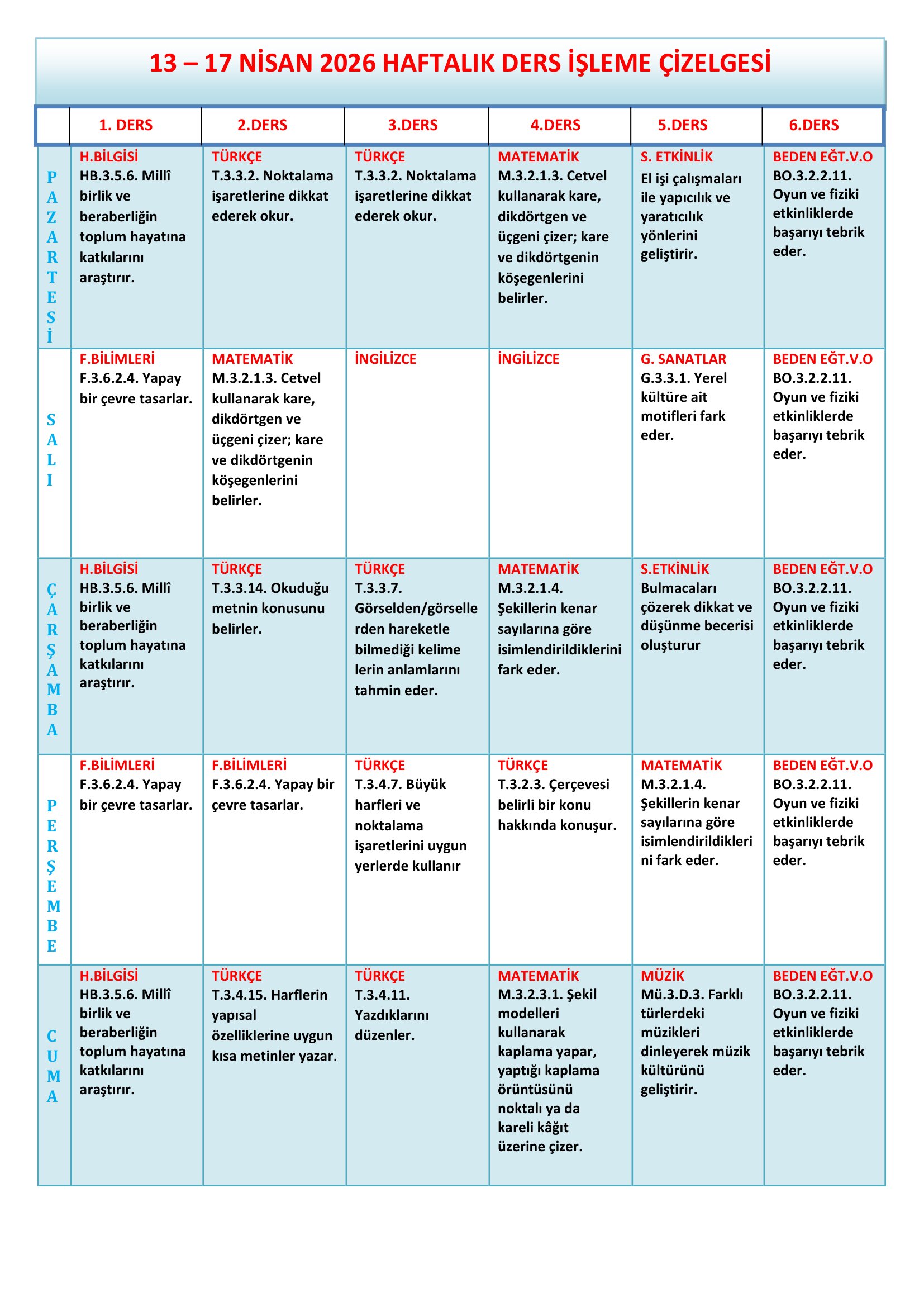 3. Sınıf 13 - 17 Nisan 2026 Haftalık Ders İşleme Çizelgesi.doc