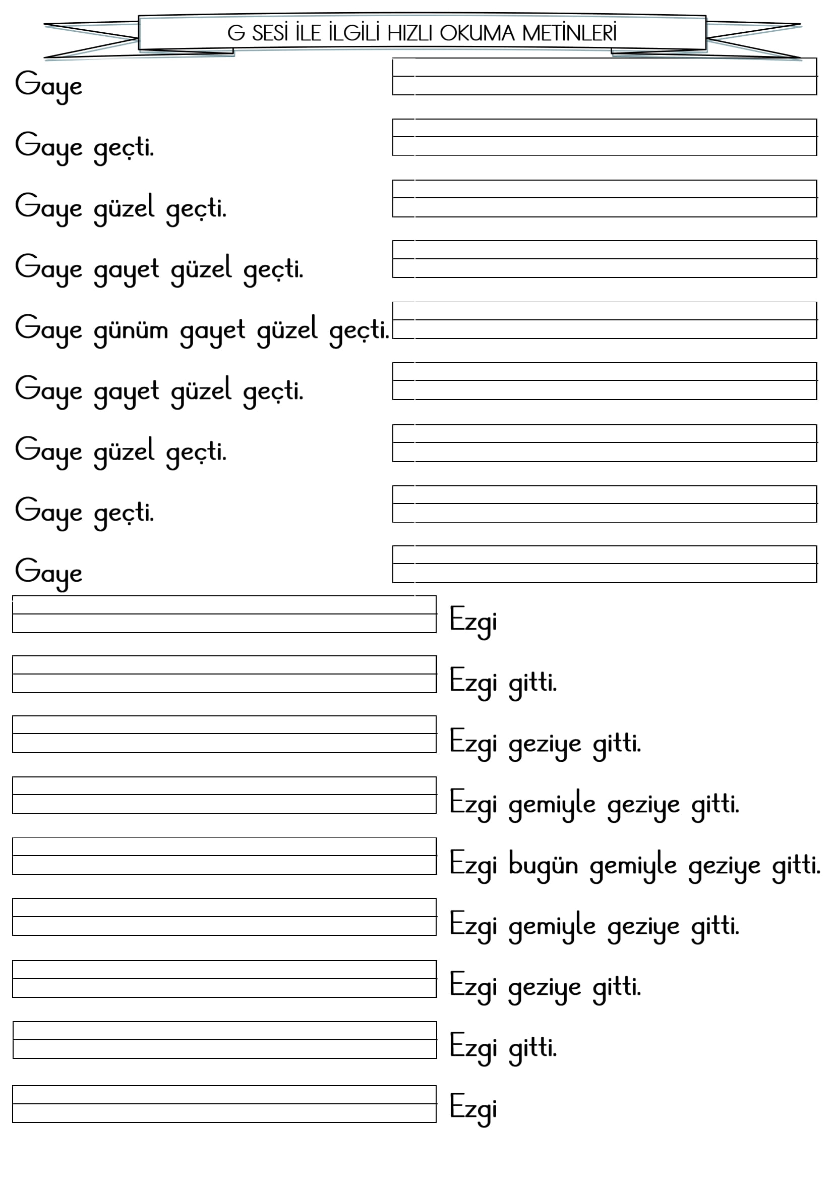 1. Sınıf İlk Okuma Yazma G Sesi Hızlı Okuma Etkinliği