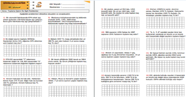 4. Sınıf Matematik Toplama İşlemi ile İlgili Problemler Etkinliği 5