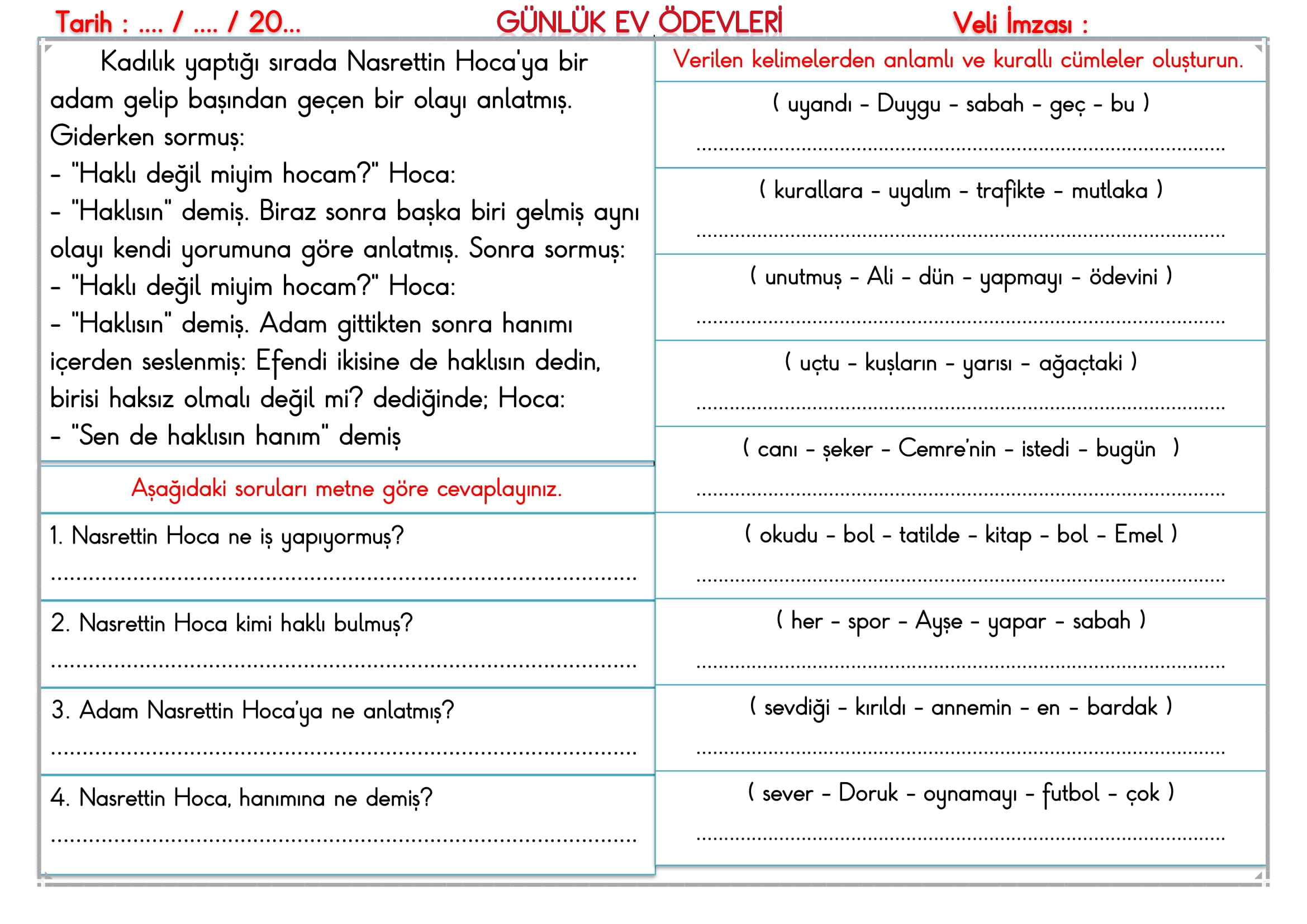 2. Sınıf 11 Eylül 2024 Günlük Ev Ödevleri