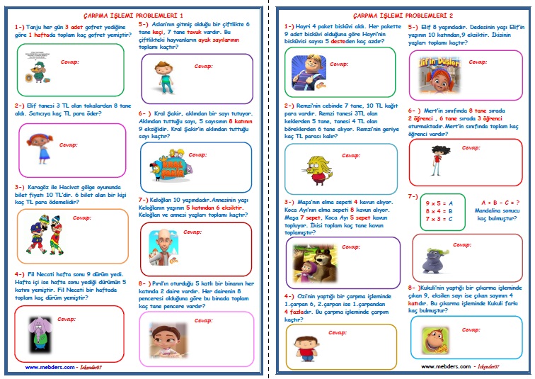 2. Sınıf Matematik Çarpma İşlemi Problemleri (4 Sayfa - 32 Soru)