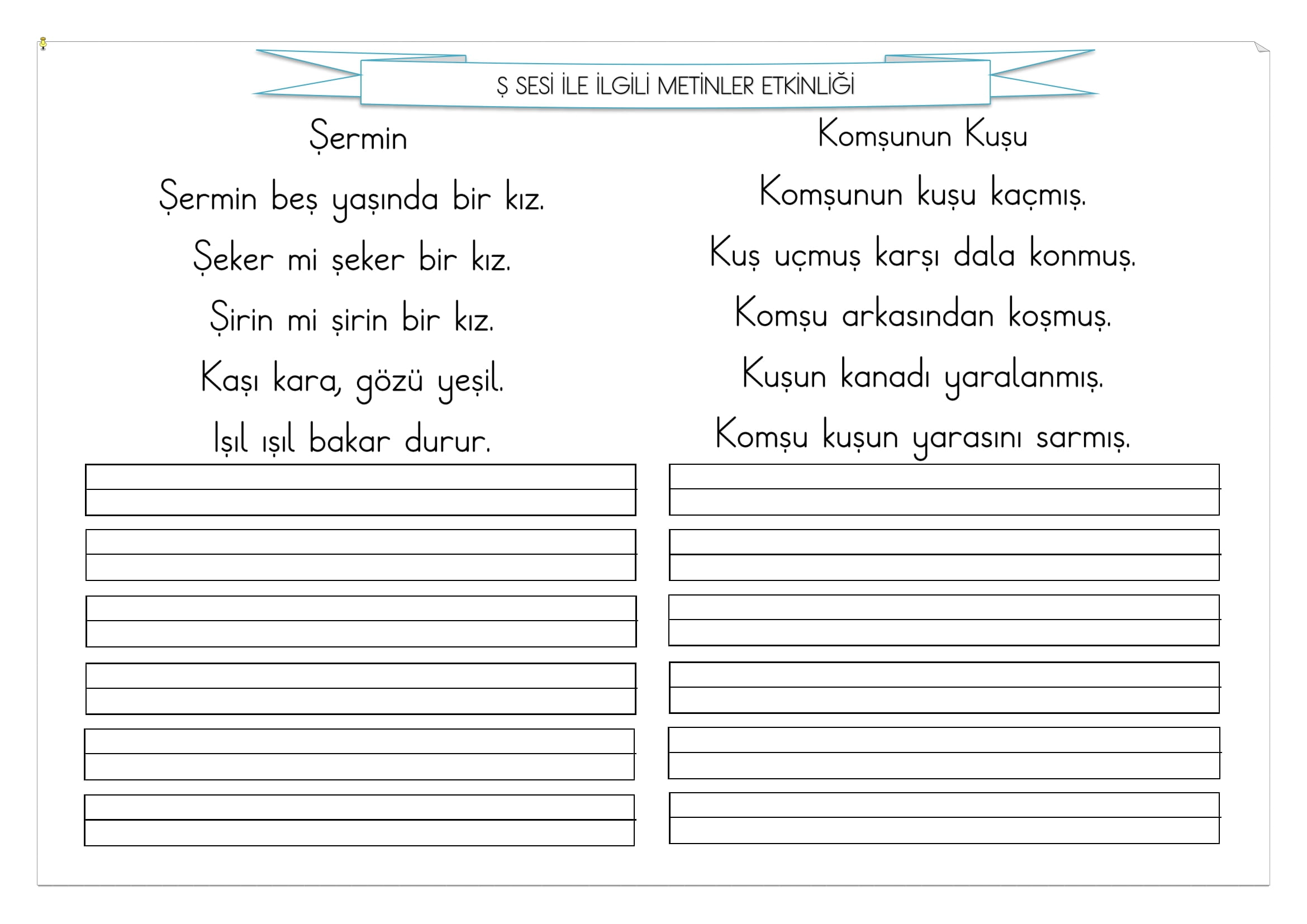 1. Sınıf İlk Okuma Yazma Ş Sesi Metinler Etkinliği