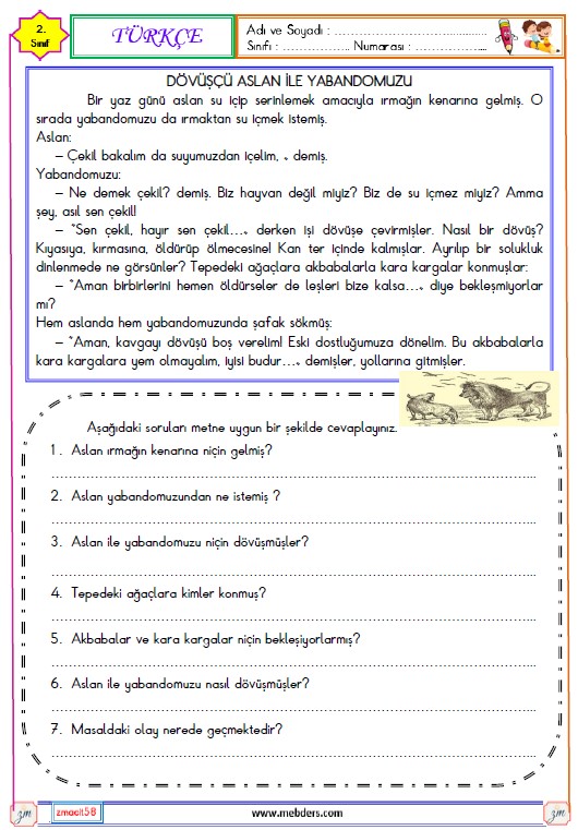 2. Sınıf Türkçe  Okuma ve Anlama Metni  Etkinliği (Dövüşçü Aslan ile Yaban Damuzu)
