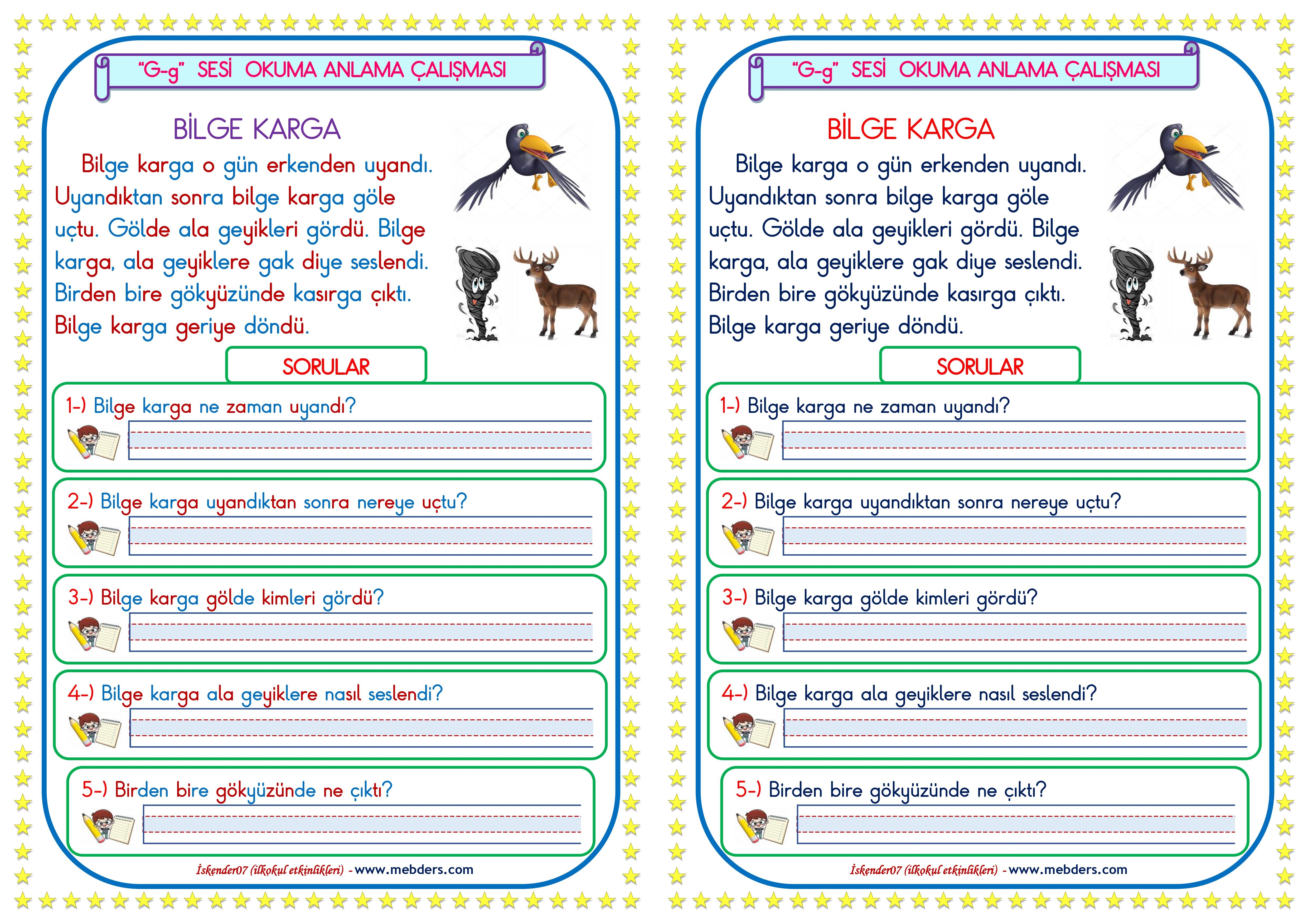 1. Sınıf G-g Sesi Okuma Anlama Çalışması
