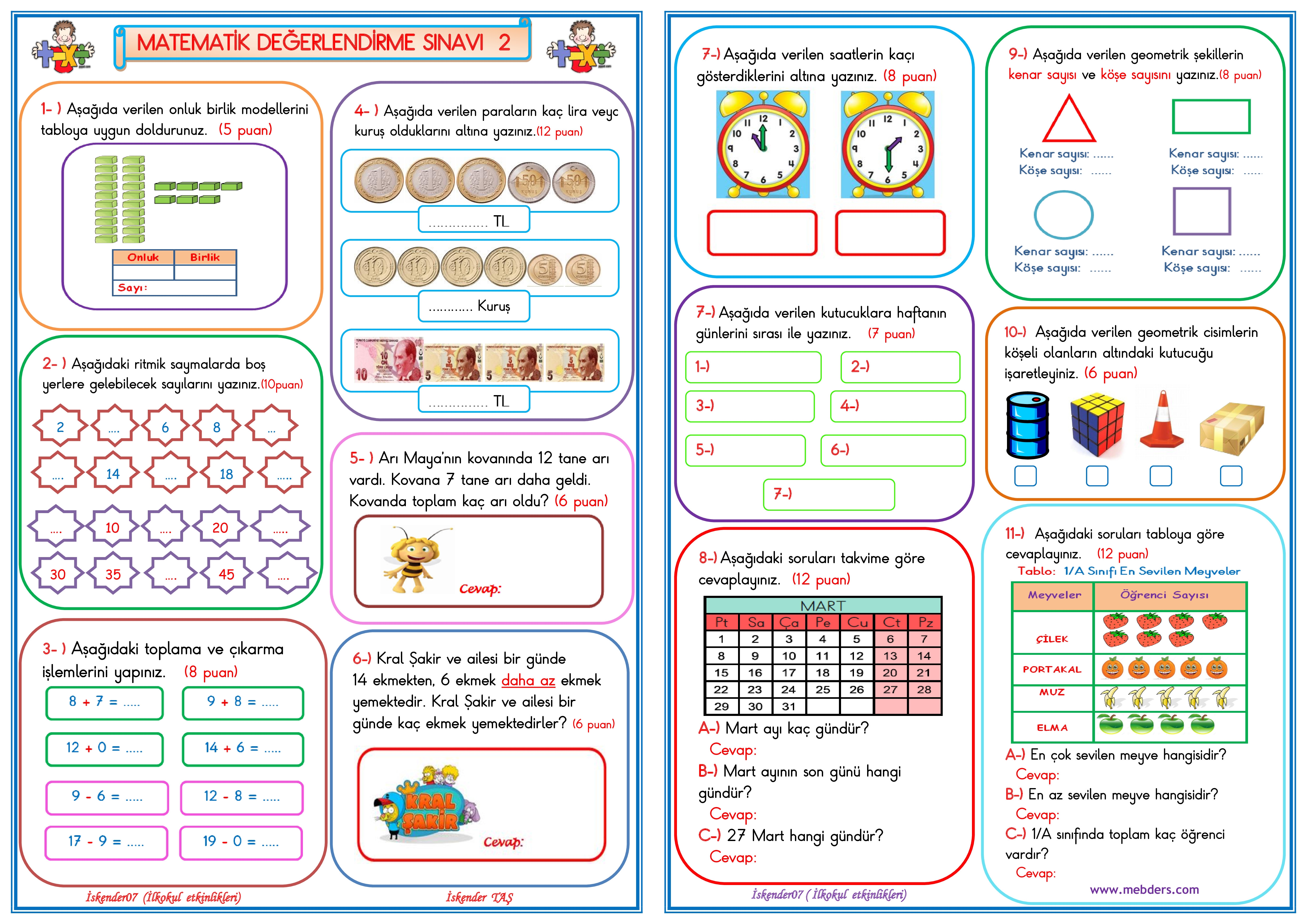 1. Sınıf Matematik Değerlendirme Sınavı 2