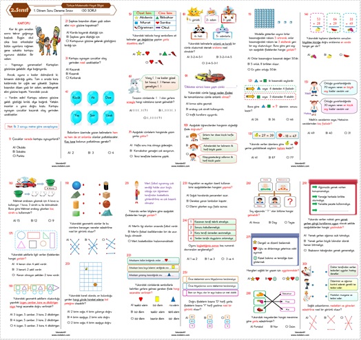 2. Sınıf 1.Dönem Sonu Deneme Sınavı (Türkçe-Matematik-Hayat Bilgisi 30 Soru)