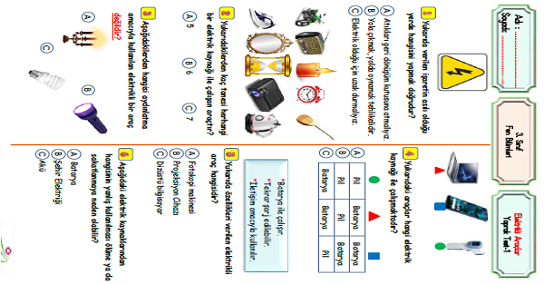 3. Sınıf Fen Bilimleri Elektrikli Araçlar Yaprak Test