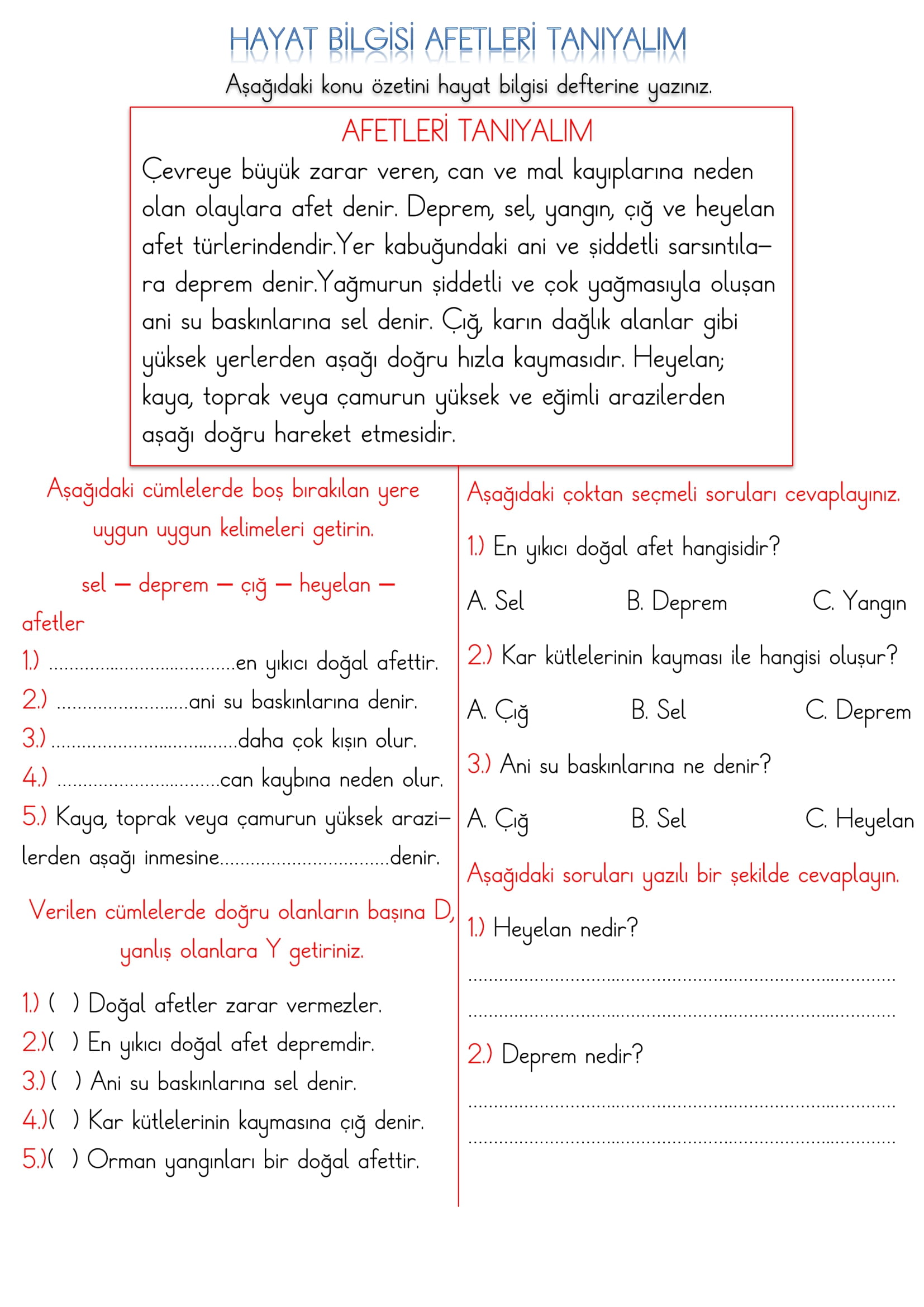 1. Sınıf Hayat Bilgisi Afetleri Tanıyalım Etkinliği