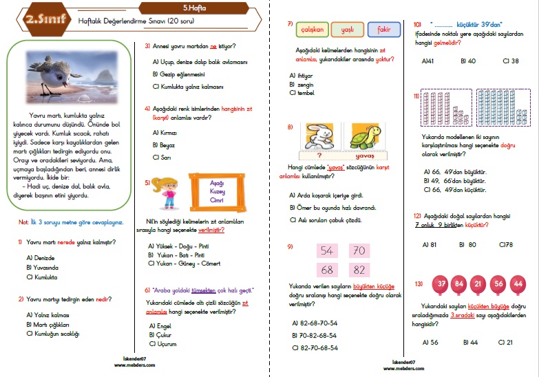 2. Sınıf Haftalık Değerlendirme Testi - 5.Hafta (10-14 Ekim)