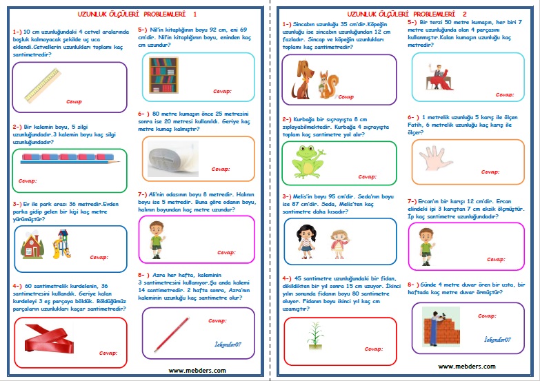 2. Sınıf Matematik Uzunluk Ölçüleri Problemleri (4 Sayfa)