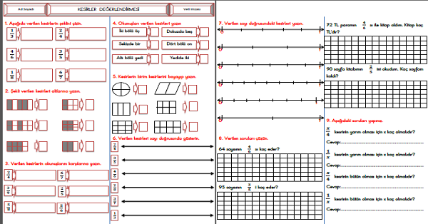 3. Sınıf - Matematik Kesirler Değerlendirme Etkinliği 2