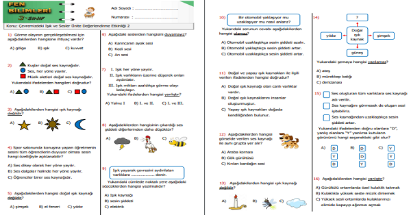3. Sınıf Fen Bilimleri Çevremizdeki Işık ve Sesler Ünite Değerlendirme Etkinliği 2