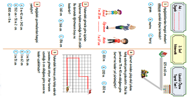 3. Sınıf Matematik Uzunluk Ölçme Yaprak Test-1