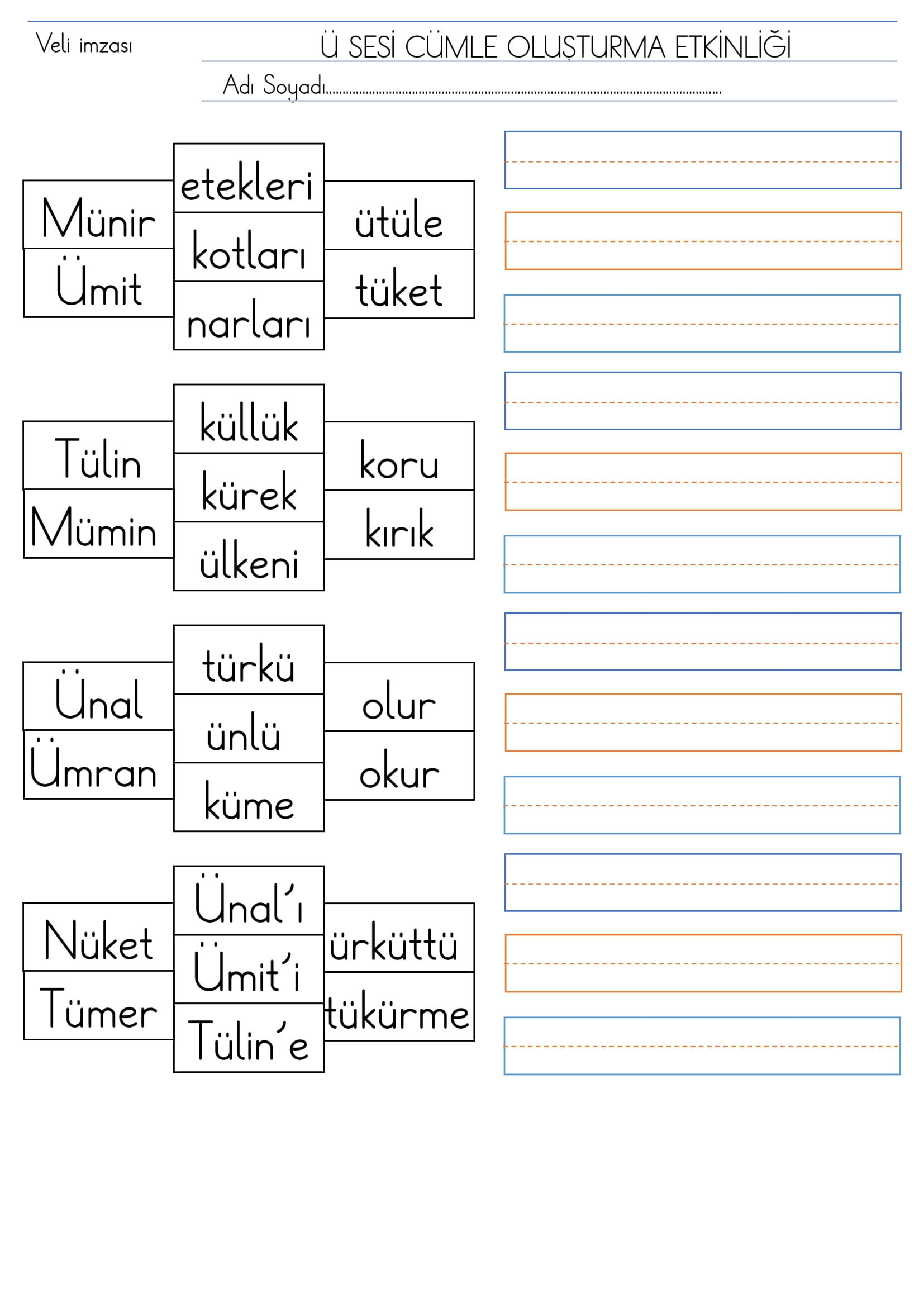 1. Sınıf İlk Okuma Yazma Ü Sesi Cümle Oluşturma Etkinliği