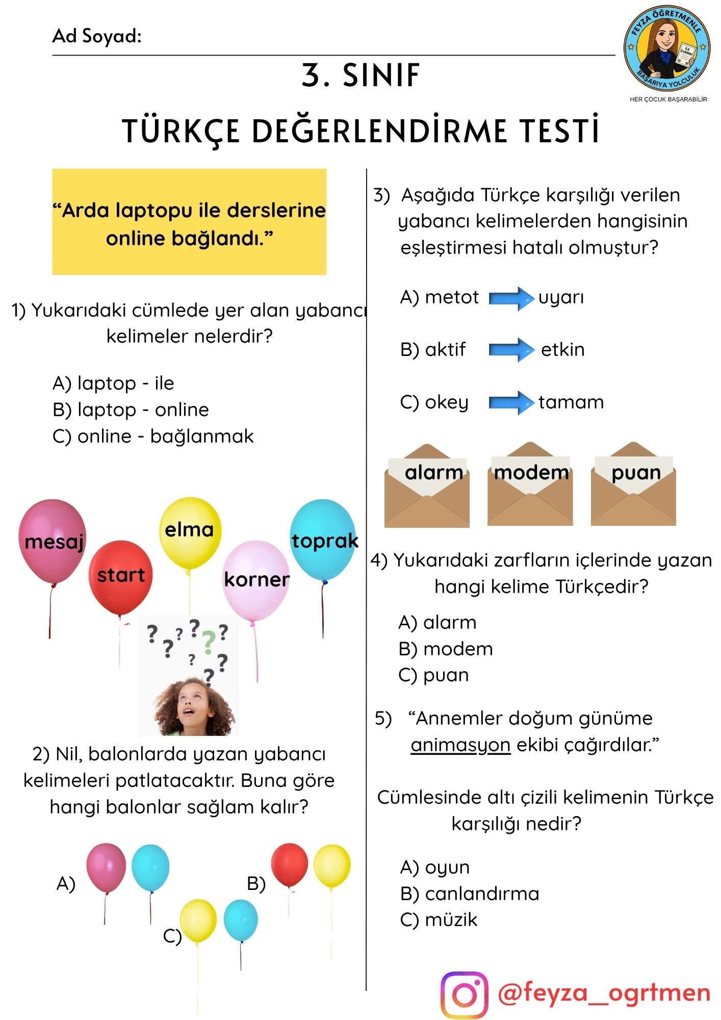 3. Sınıf Türkçe-Matematik Dersinden Haftalık Değerlendirme Testi