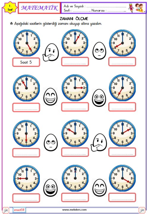 1. Sınıf Matematik Zamanı Ölçme , Saat Etkinliği 2
