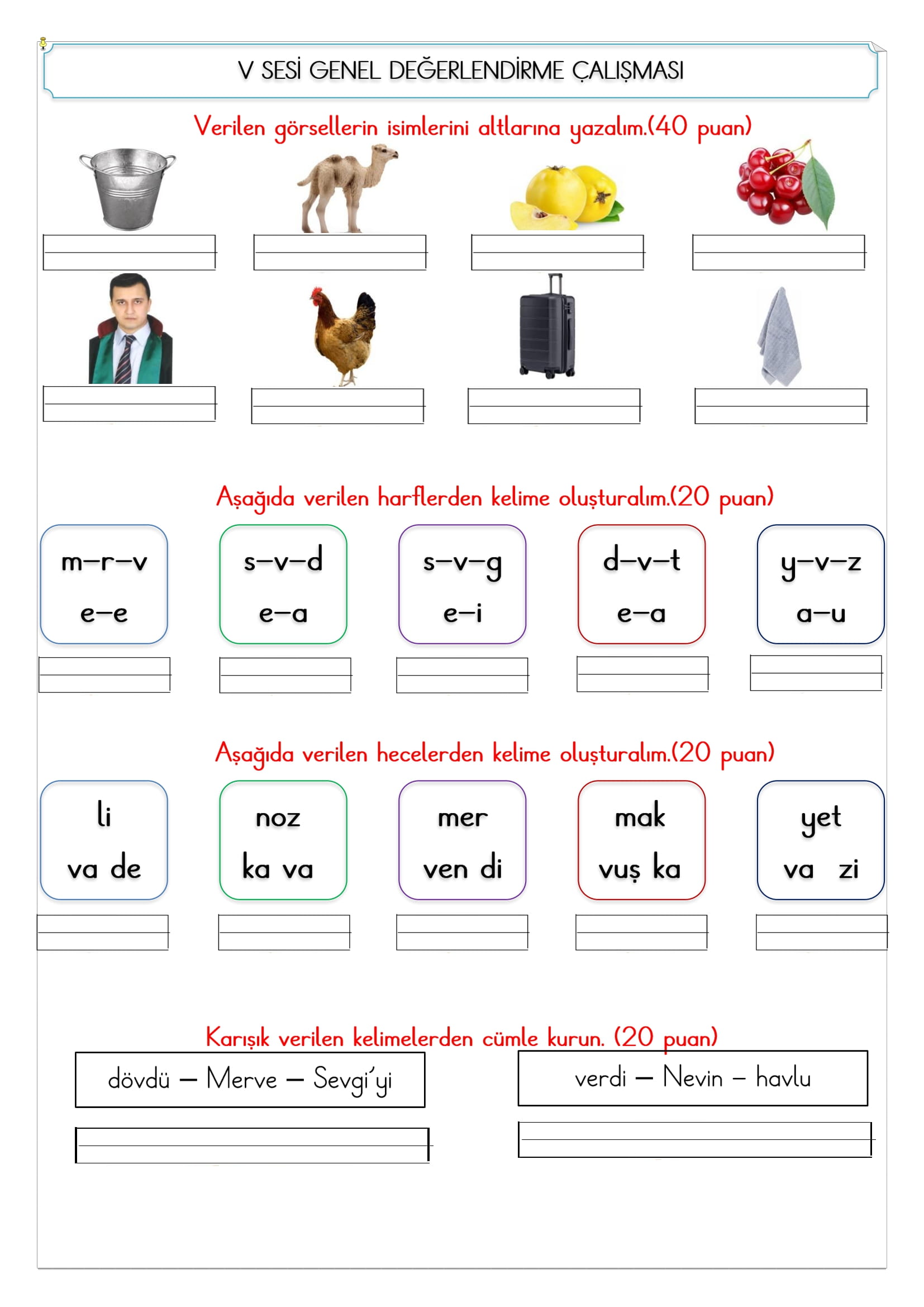 1. Sınıf İlk Okuma Yazma V Sesi Değerlendirme Çalışması 2