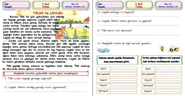 1. Sınıf Türkçe 5N 1K Okuma Anlama Etkinliği