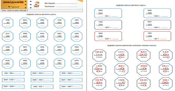 4. Sınıf Matematik Çıkarma İşlemi Etkinliği 4