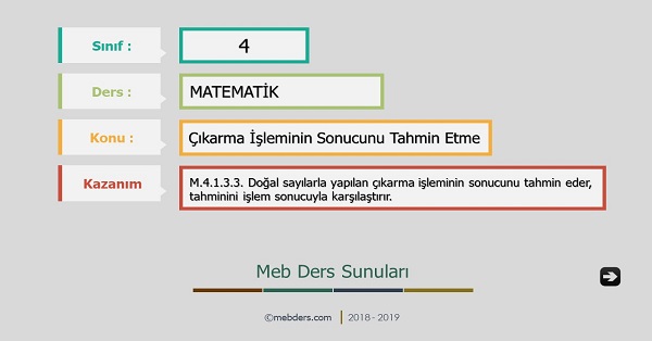 4. Sınıf Matematik Çıkarma İşleminin Sonucunu Tahmin Etme Sunusu