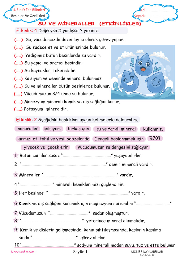 4. Sınıf Fen Bilimleri Su ve Mineraller Etkinlikleri