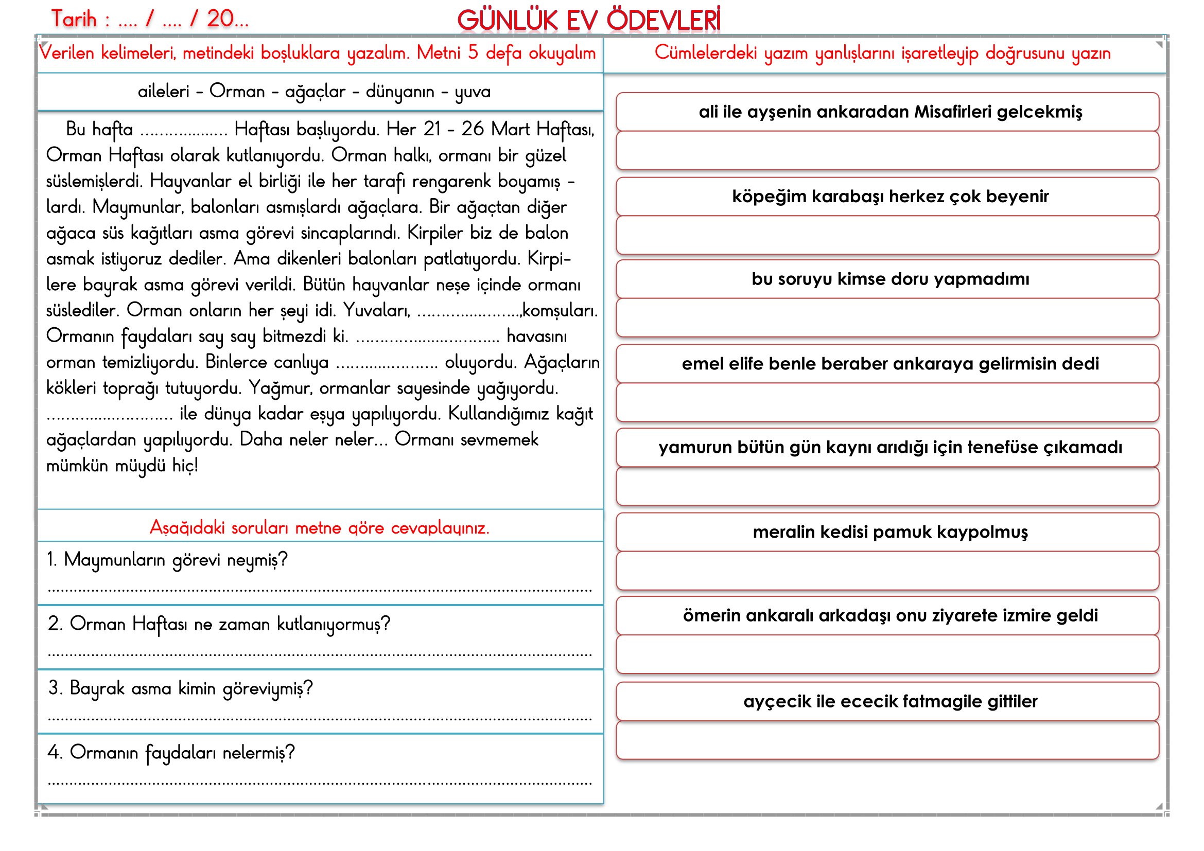 2. Sınıf - 25 Mart 2026 Günlük Ev Ödevleri