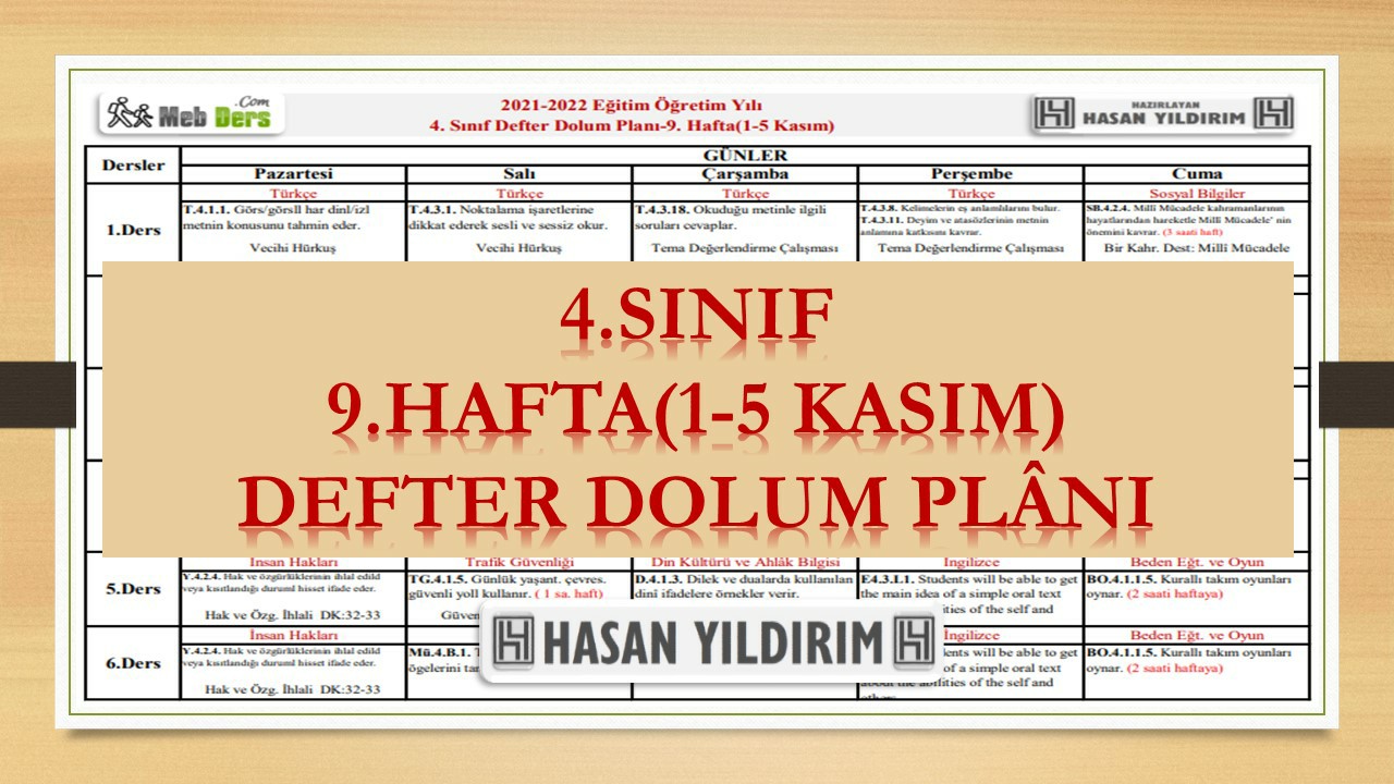 4. Sınıf 9.Hafta(1-5 Kasım) Defter Dolum Planı