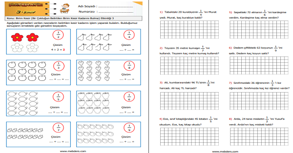 3. Sınıf Matematik Birim Kesir (Bir Çokluğun Belirtilen Birim Kesir Kadarını Bulma) Etkinliği 3