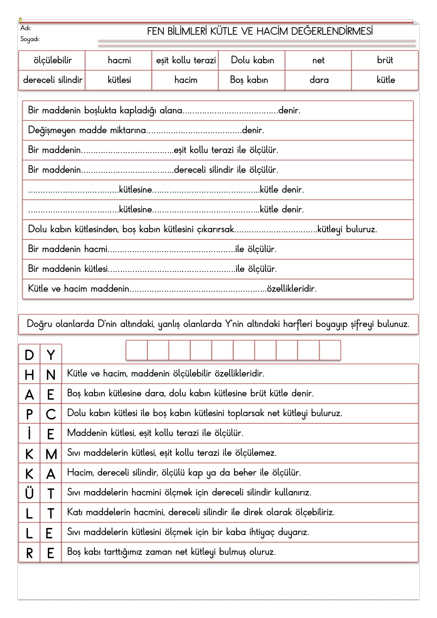 4. Sınıf Fen Bilimleri Kütle ve Hacim Değerlendirmesi