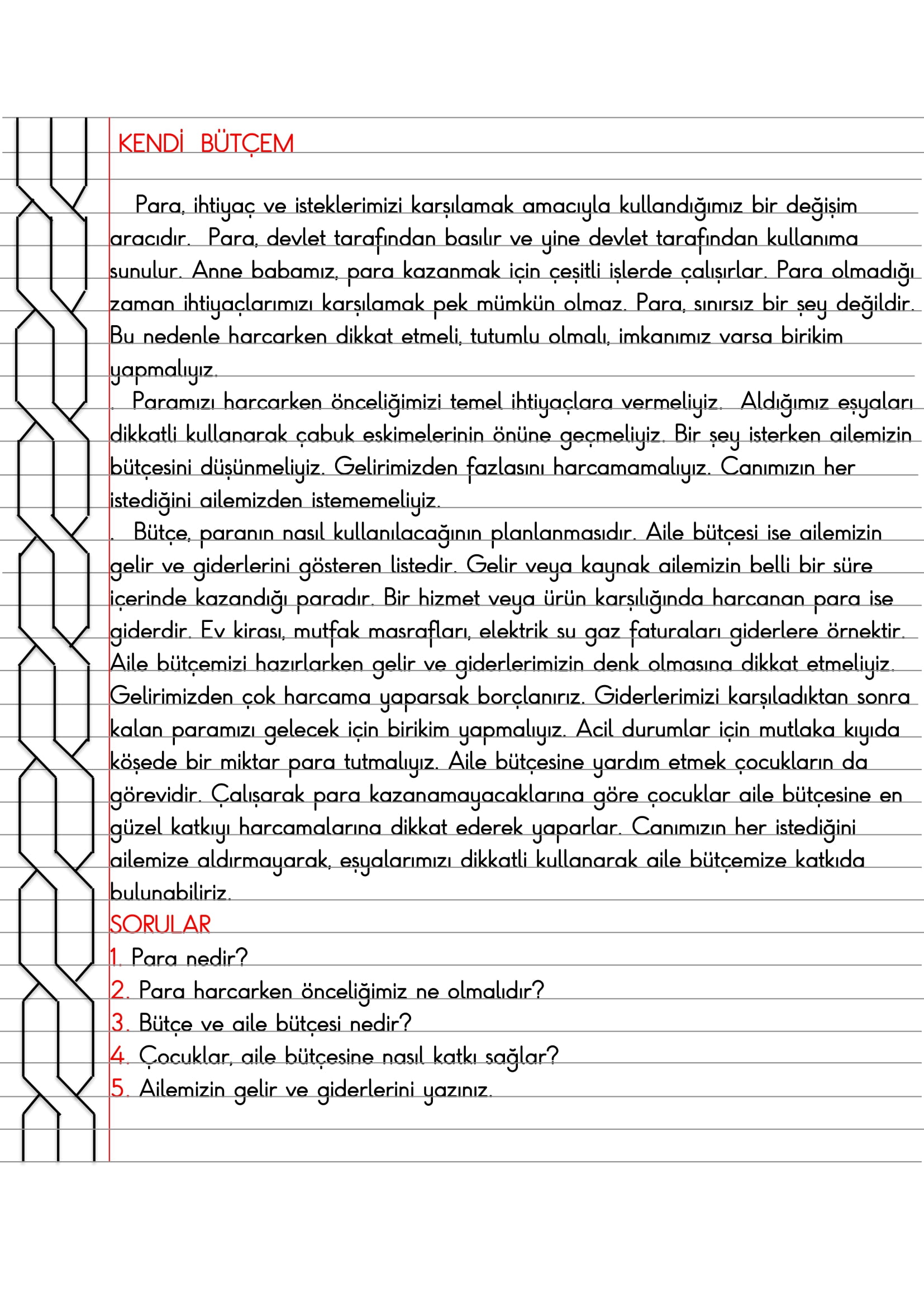 4. Sınıf - Sosyal Bilgiler - Kendi Bütçem Defter Özeti
