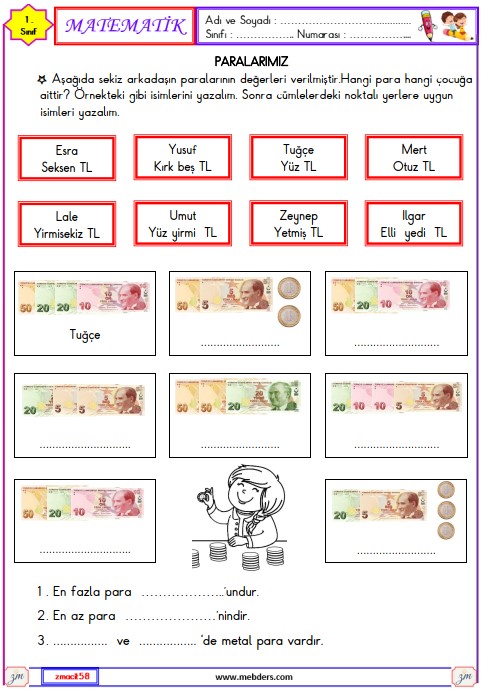 1. Sınıf Matematik Paralarımız Etkinliği 5