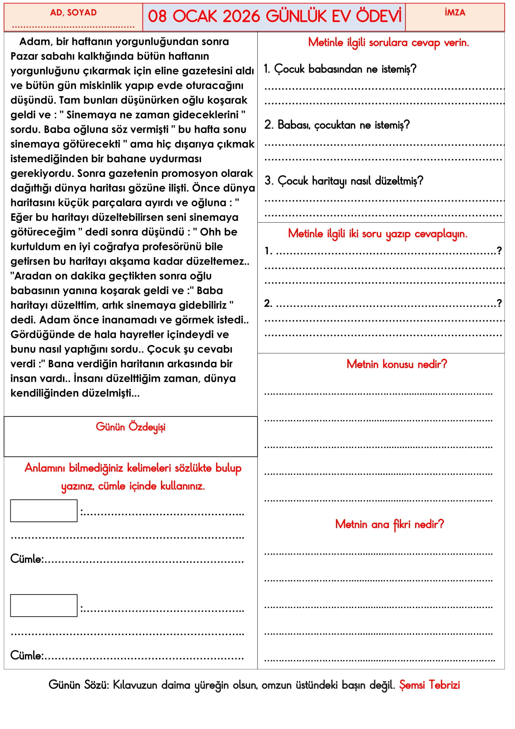 3. Sınıf - 08 Ocak 2026 Günlük Ev Ödevleri