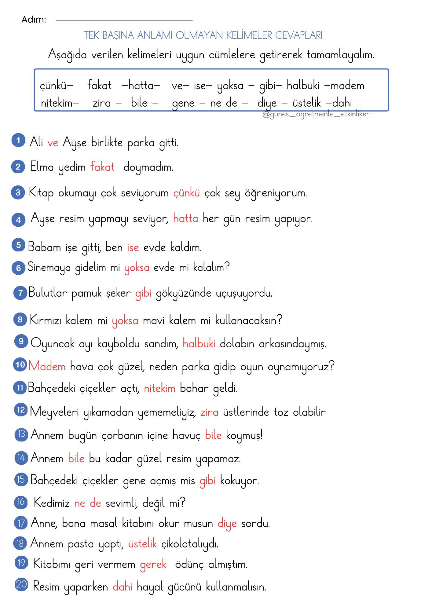 1. Sınıf Türkçe Tek Başına Anlamı Olmayan Kelimeler