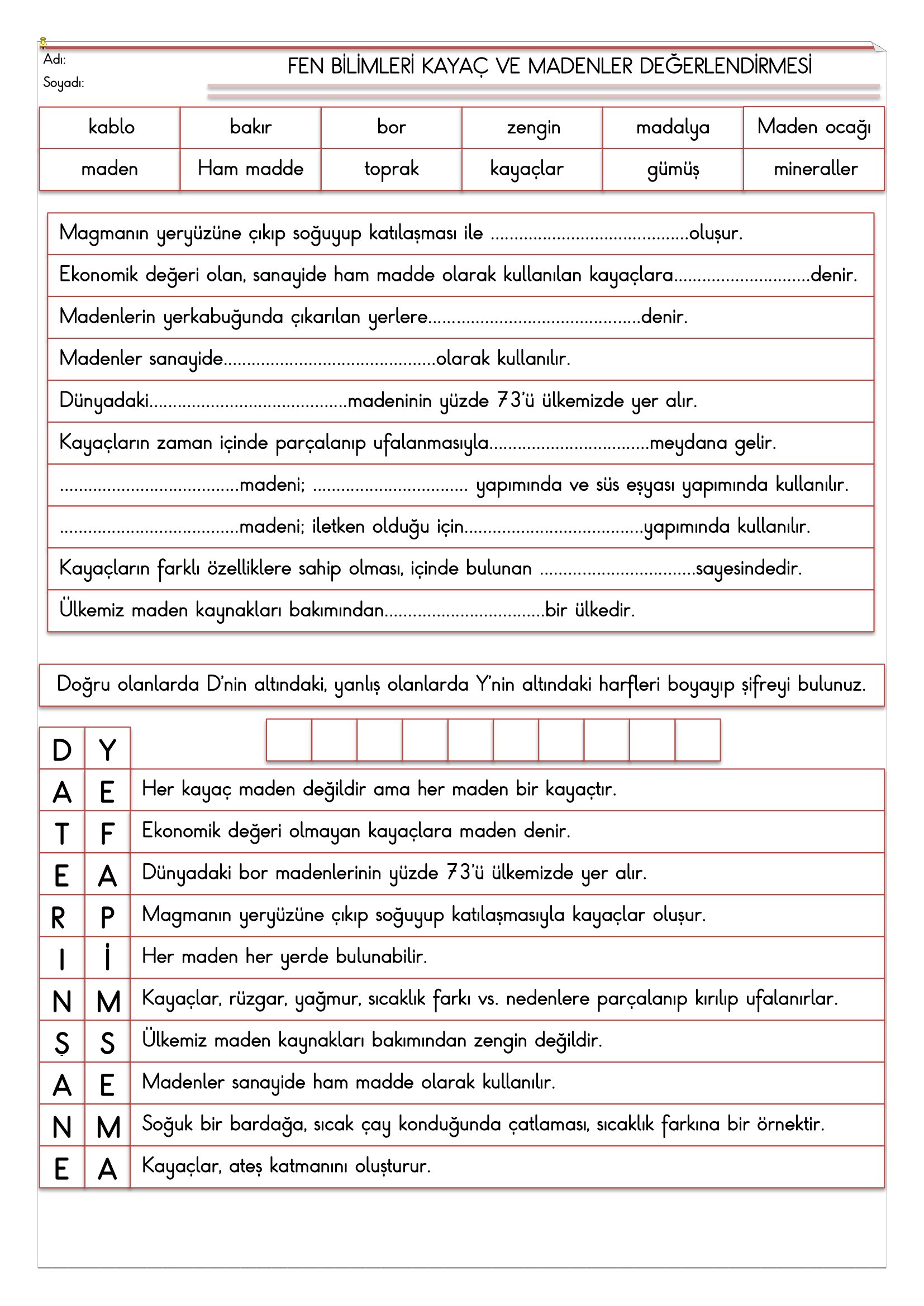 4. Sınıf - Fen Bilimleri Kayaç ve Madenler Değerlendirmesi