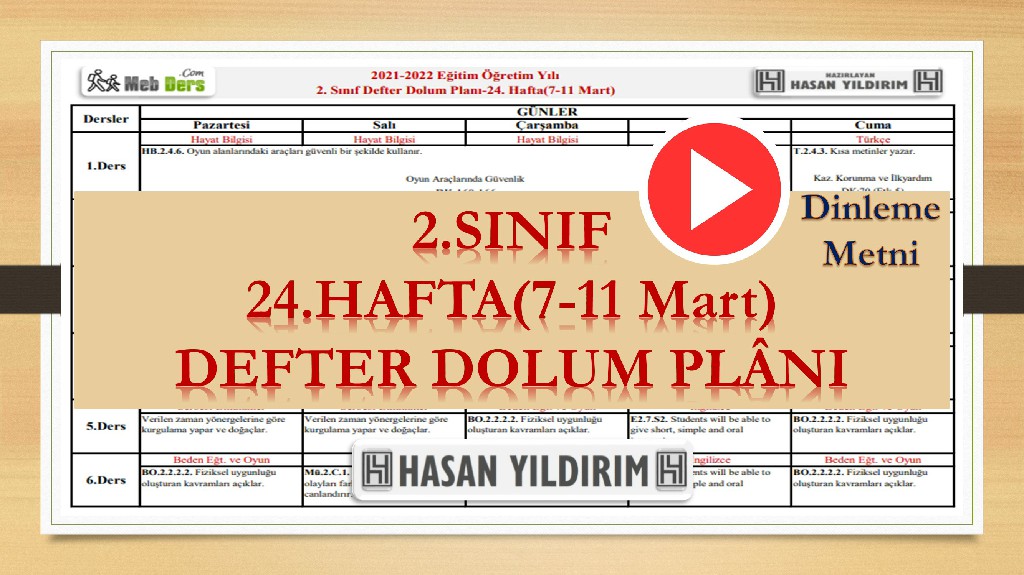 2. Sınıf 24.Hafta(7-11 Mart) Defter Dolum Planı