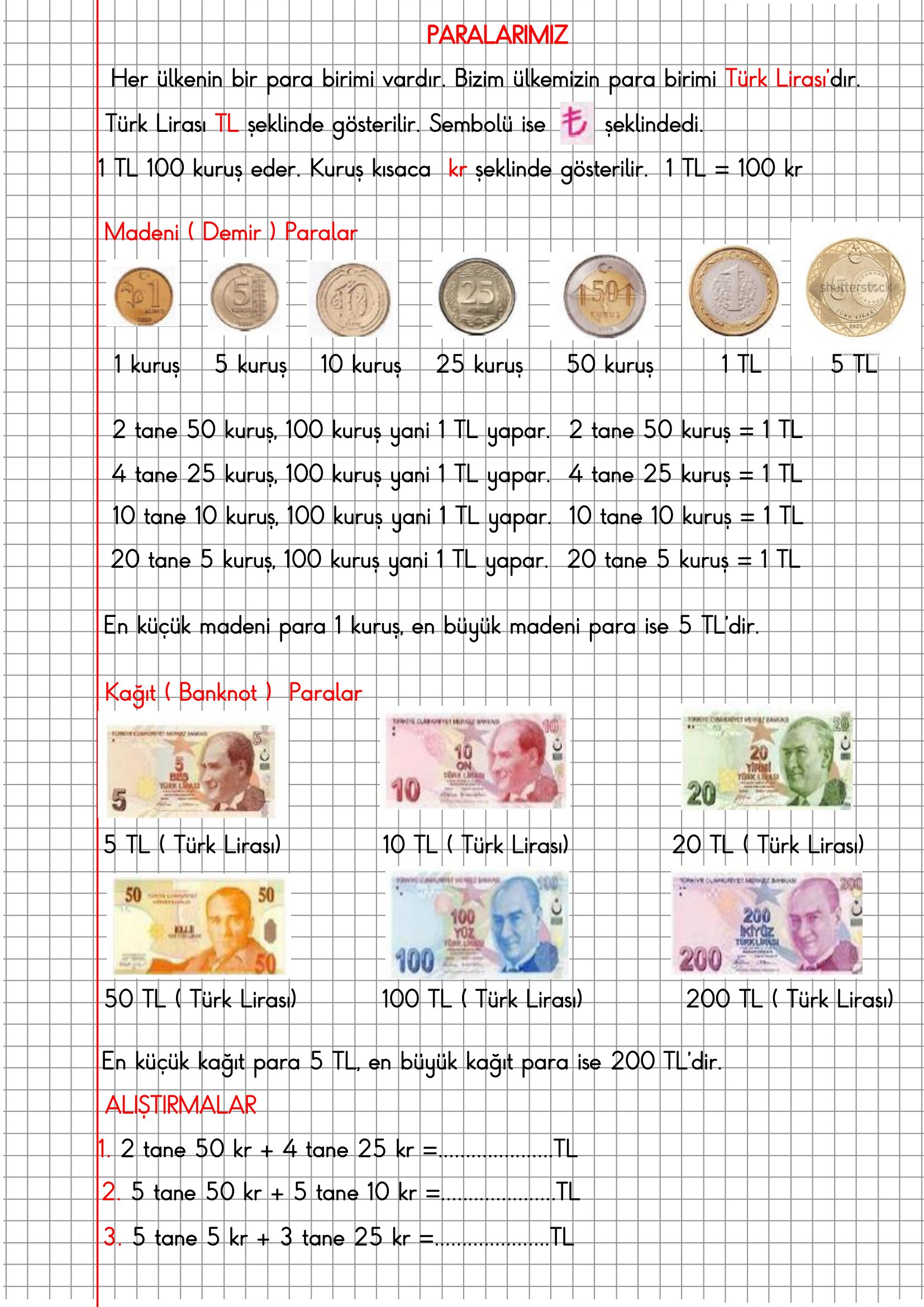 2. Sınıf Matematik Kareli Defterde Paralarımız Konu Anlatımı