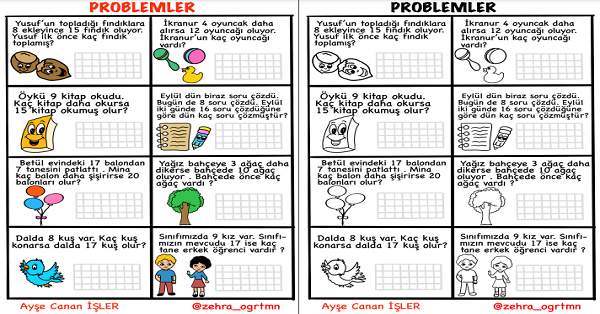 1. Sınıf Matematik Toplama ve Çıkarma İşlemi Problemleri