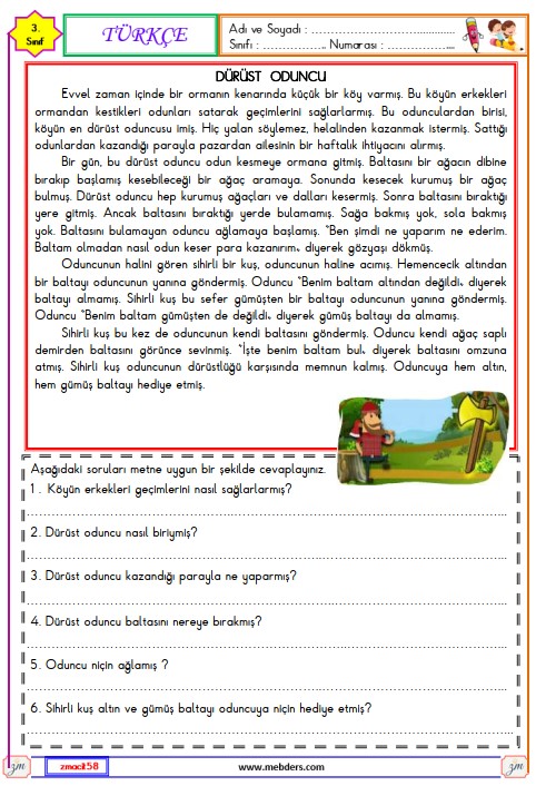 3. Sınıf Türkçe Okuma ve Anlama Metni Etkinliği 25 (Dürüst Oduncu)