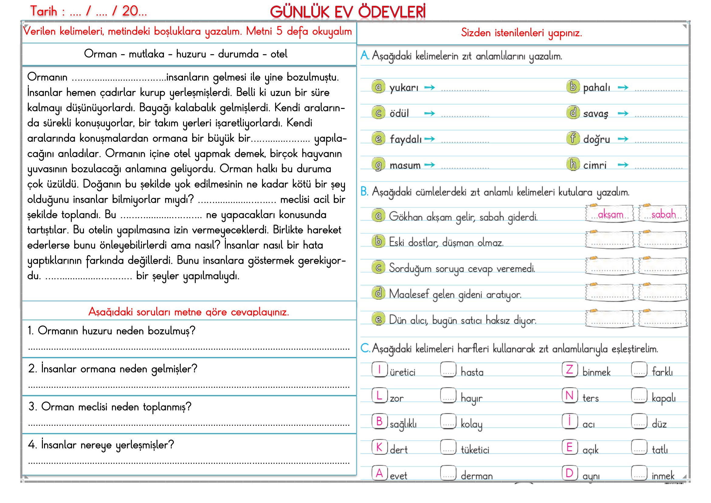 2. Sınıf - 25 Şubat 2026 Günlük Ev Ödevleri